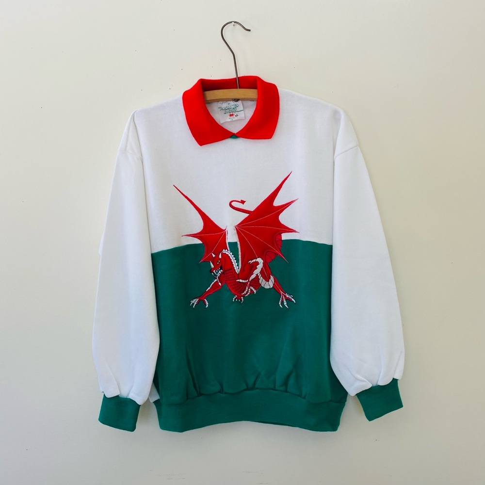 Vintage Wales Sweatshirt Sweater UK Welsh Dragon 1980s Polo Shirt M